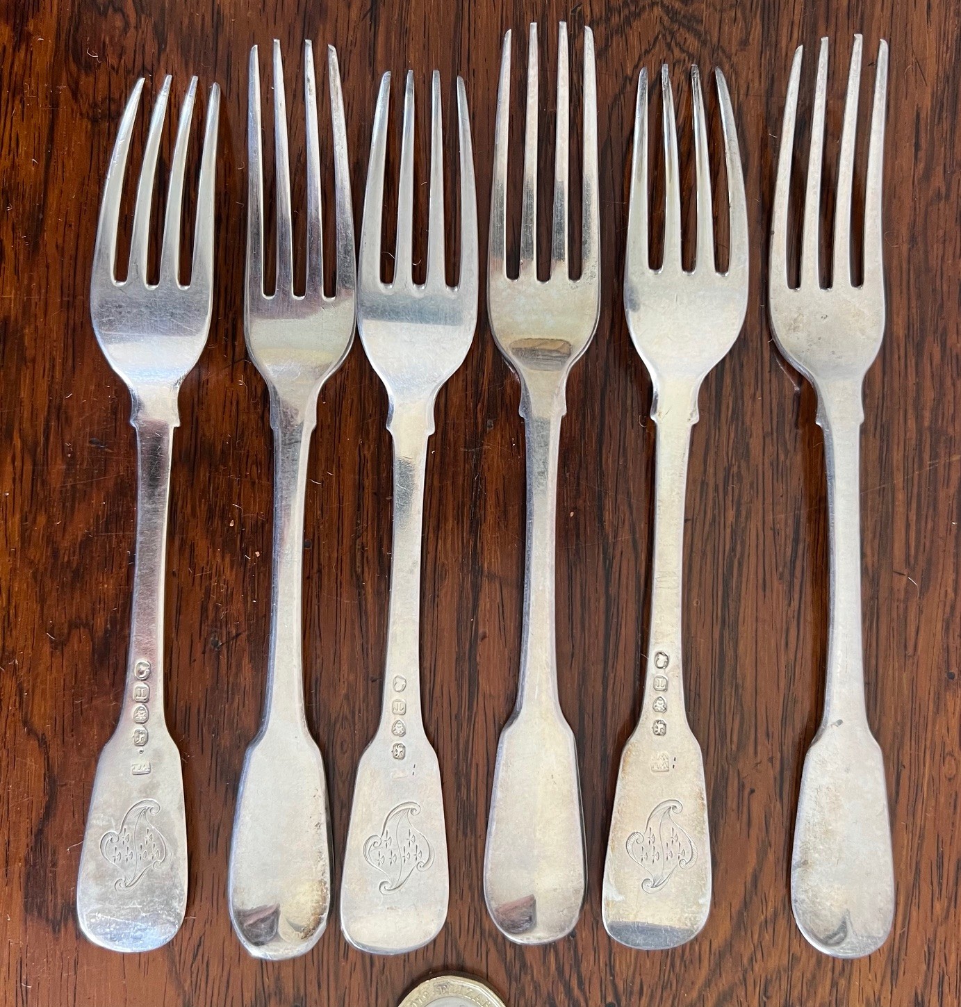 SET OF SIX DESSERT FORKS, LONDON, 1814, WEIGHT APPROX 240g