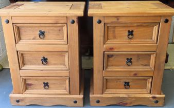 Pair of 20th century pine three drawer bedside cabinets. Approx. 67cm H x 53cm W x 39cm D Both in
