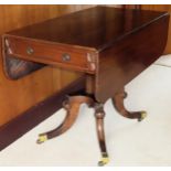 19th century mahogany drop leaf sofa table on quadrofoil supports. Approx. 72cm H x 101cm W x 56cm D