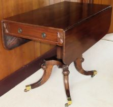 19th century mahogany drop leaf sofa table on quadrofoil supports. Approx. 72cm H x 101cm W x 56cm D