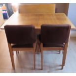 Gordon Russell mid 20th century light oak dining table with one leaf plus four chairs. Table approx.