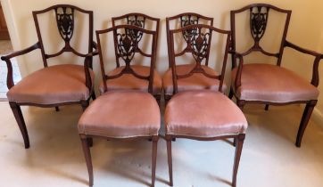 Set of 6 (4+2) 19th century mahogany inlaid and piercework decorated dining chairs reasonable used