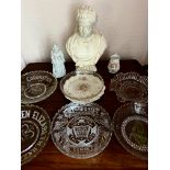 BUST OF QUEEN VICTORIA AND OTHER MEMORABILIA, MOULDED GLASS DISHES, ETC