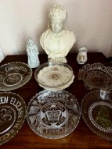BUST OF QUEEN VICTORIA AND OTHER MEMORABILIA, MOULDED GLASS DISHES, ETC