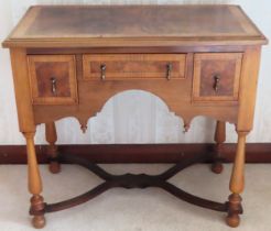 20th century three drawer walnut veneered hall table. Approx. 66.5cm H x 73cm W x 40.5cm D