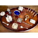 OVAL TRAY WITH SILVER TOAST RACK, CHILD'S RATTLE PLUS OTHER PLATED ITEMS