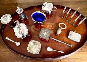 OVAL TRAY WITH SILVER TOAST RACK, CHILD'S RATTLE PLUS OTHER PLATED ITEMS