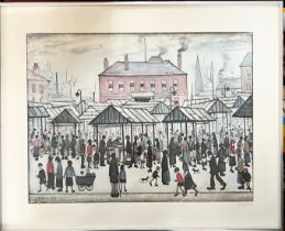 LS LOWRY, 'MARKET SCENE IN A NORTHERN TOWN', PUB PATRICK SEALE, PENCIL SIGNED LOWER RIGHT LONDON,