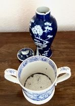 JAPANESE VASE AND BLUE AND WHITE LIVERPOOL MANCHESTER RAILWAY TANKARD VASE AT FAULT
