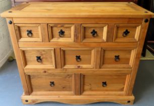 20th century pine chest of nine drawers. Approx. 83cm H x 101cm W x 46cm D Reasonable used