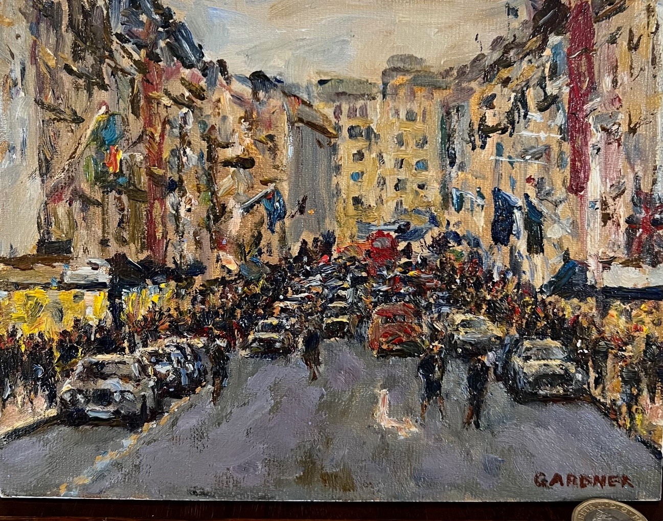 KEITH GARDNER RCA, OIL ON BOARD, 'NEW BOND STREET' SIGNED LOWER RIGHT, APPROX 15 x 20.5cm