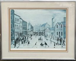 LS LOWRY, 'THE CROSSING', PENCIL SIGNED LOWER RIGHT WITH BLIND STAMP, APPROX 44 x 57cm