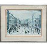 LS LOWRY, 'THE CROSSING', PENCIL SIGNED LOWER RIGHT WITH BLIND STAMP, APPROX 44 x 57cm