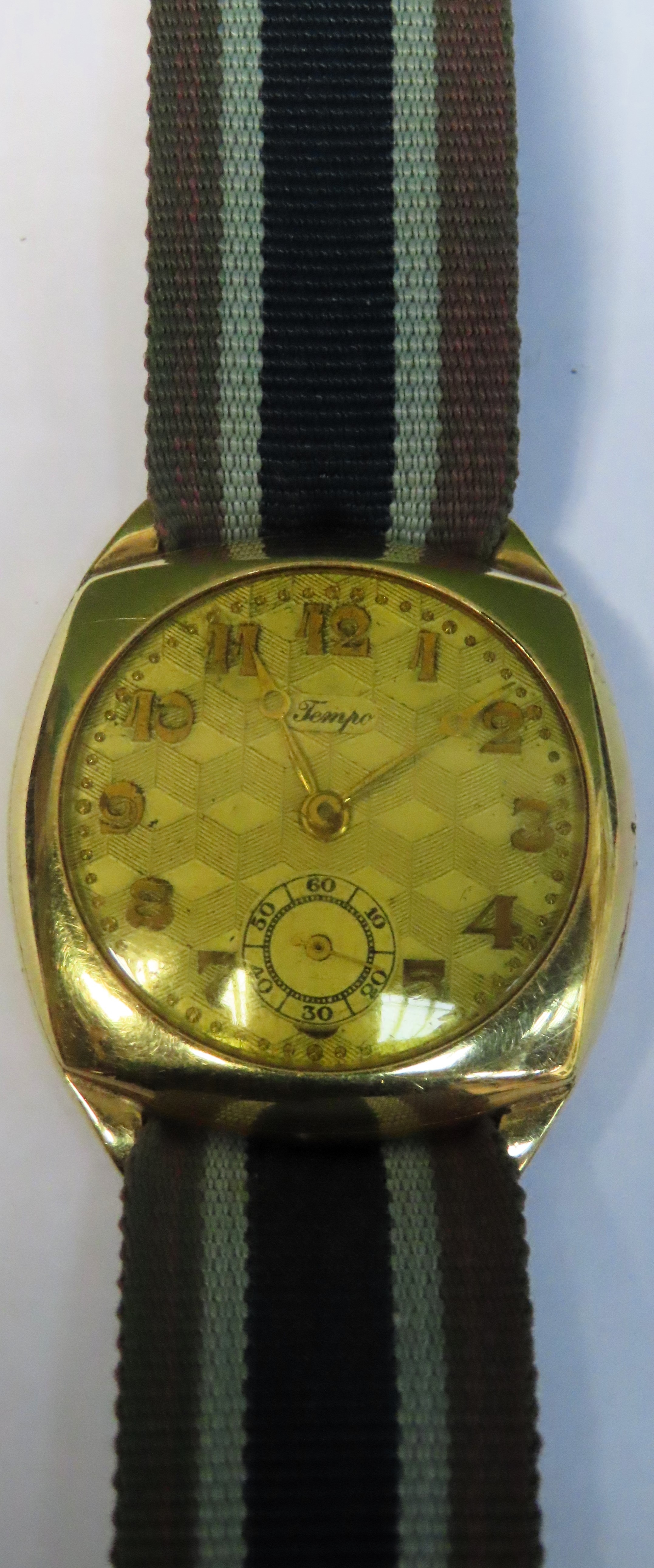 Tempo Art Deco gold coloured wrist watch with strap Used condition, missing winding pin, not