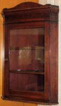 Small Early 20th century glazed mahogany wall mounting corner cupboard reasonable used condition.