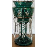 Victorian gilded green glass lustre with droplets. Approx. 31cm H Used condition, one droplet