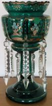 Victorian gilded green glass lustre with droplets. Approx. 31cm H Used condition, one droplet