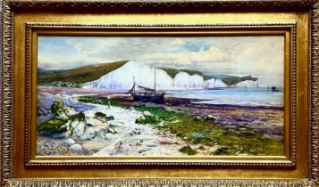 W FOLEN BISHOP, WATERCOLOUR, BEACHED FISHING BOAT BENEATH WHITE CLIFFS OF DOVER, APPROX 37 x 75cm