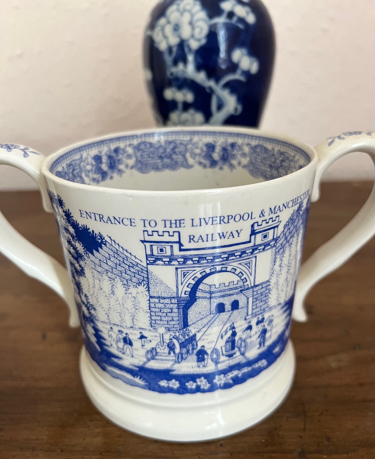 JAPANESE VASE AND BLUE AND WHITE LIVERPOOL MANCHESTER RAILWAY TANKARD VASE AT FAULT - Image 2 of 2
