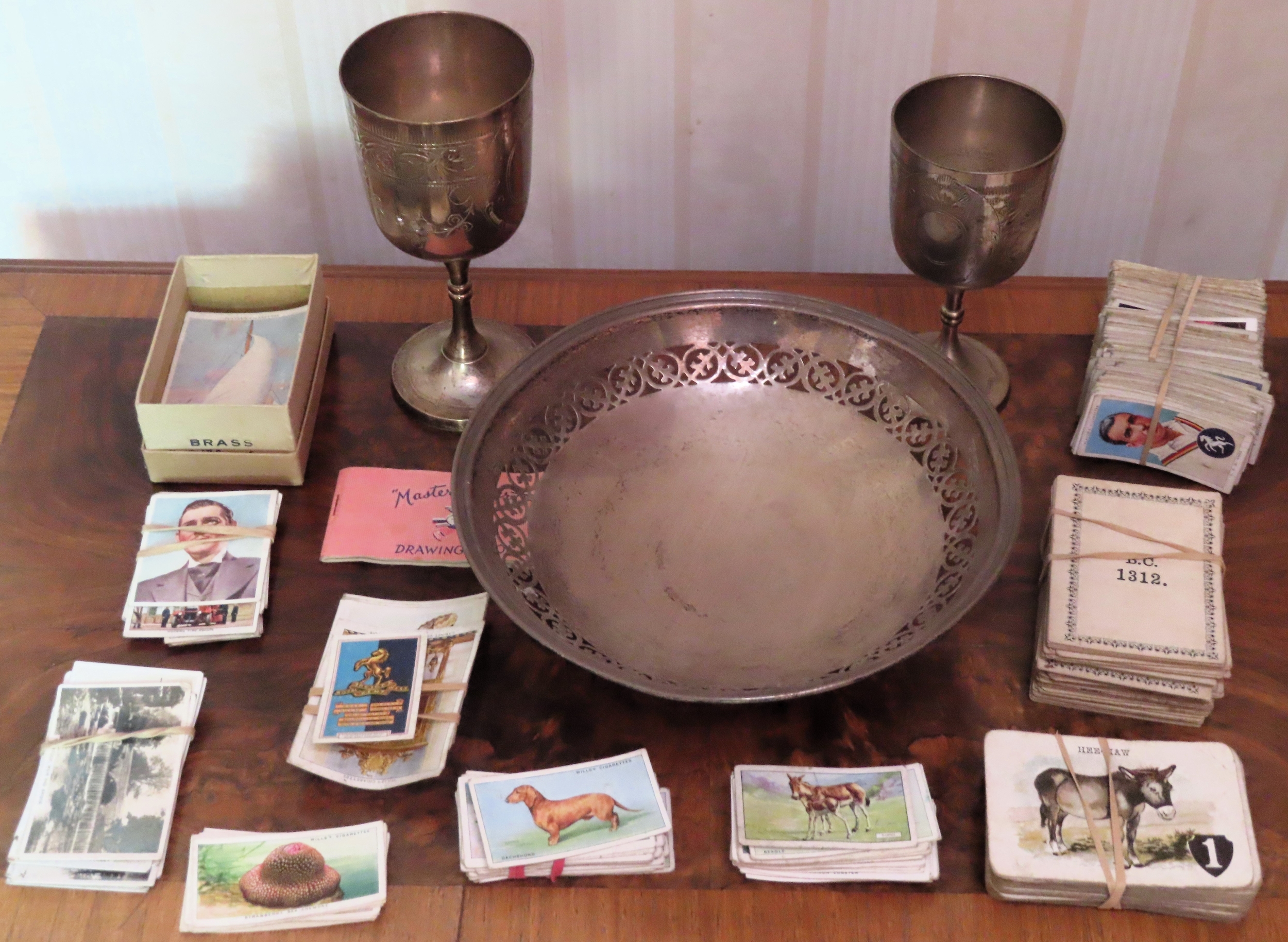 Parcel of various cigarette cards, plus plated goblets and bowl All in used condition, unchecked