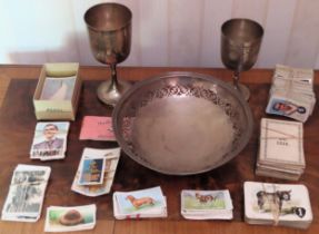 Parcel of various cigarette cards, plus plated goblets and bowl All in used condition, unchecked