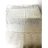 KNITTED CHRISTENING SHAWL APPROX 125cm SQUARE PLUS ANOTHER SILK CHRISTENING SHAWL, FOLD SPLITS