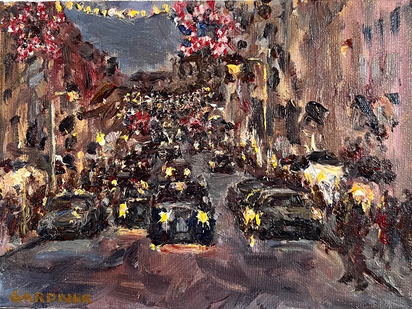 KEITH GARDNER RCA, OIL ON BOARD, 'NEW BOND STREET AT NIGHT', SIGNED LOWER LEFT, APPROX 15 x 20.5cm