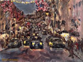 KEITH GARDNER RCA, OIL ON BOARD, 'NEW BOND STREET AT NIGHT', SIGNED LOWER LEFT, APPROX 15 x 20.5cm