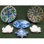 Two similar studio pottery plates, blue and white plate, plus three leaf form dishes All in used