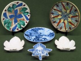 Two similar studio pottery plates, blue and white plate, plus three leaf form dishes All in used