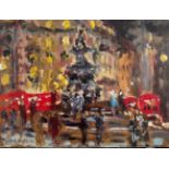 KEITH GARDNER RCA, OIL ON BOARD, 'EROS PICCADILLY AT NIGHT', SIGNED LOWER LEFT APPROX 15 x 20.5cm