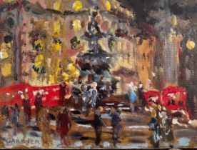 KEITH GARDNER RCA, OIL ON BOARD, 'EROS PICCADILLY AT NIGHT', SIGNED LOWER LEFT APPROX 15 x 20.5cm