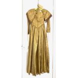 GOLD SILK/BROCADE DRESS, 1845-6, WAIST APPROX 60cm, LENGTH SHOULDER TO HEM APPROX 142cm, SEPARATE