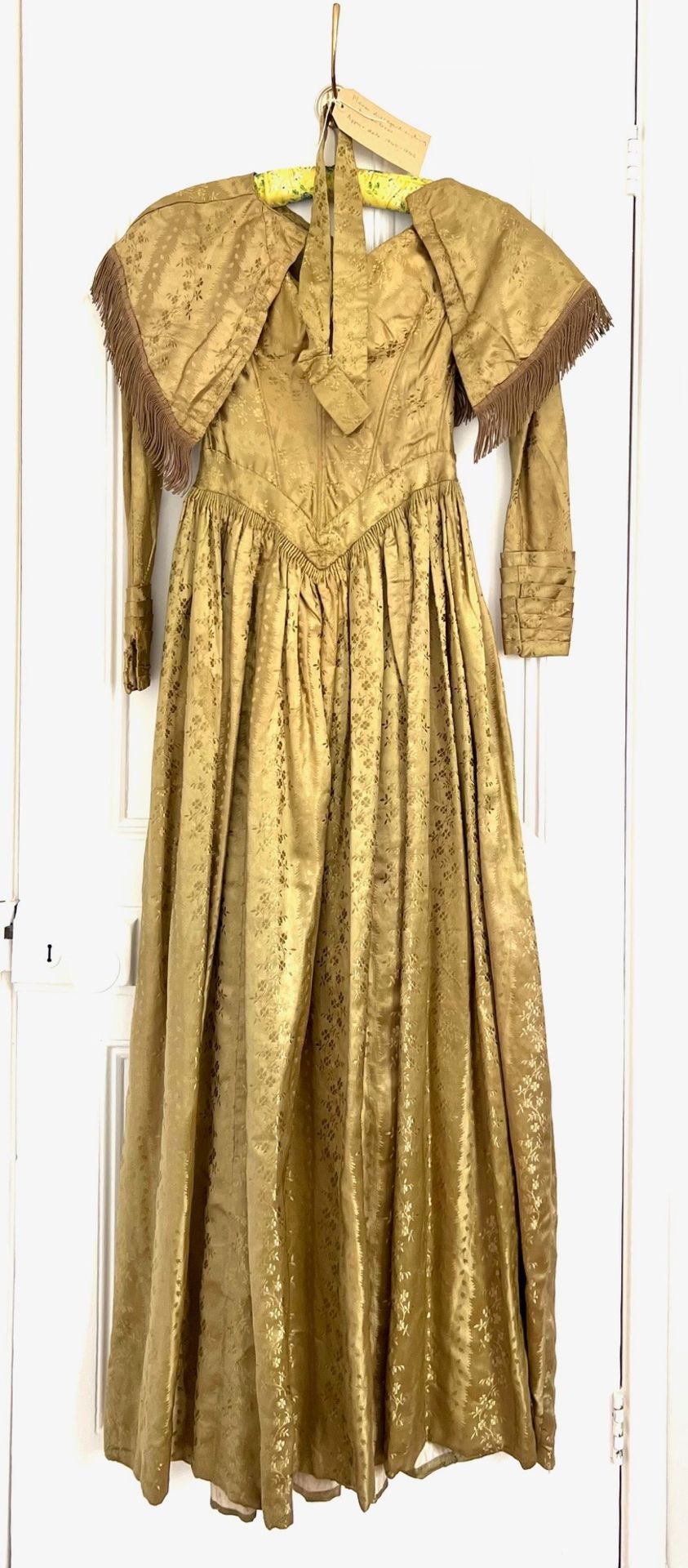 GOLD SILK/BROCADE DRESS, 1845-6, WAIST APPROX 60cm, LENGTH SHOULDER TO HEM APPROX 142cm, SEPARATE