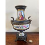CONTINENTAL POTTERY VASE WITH ORMOLU MOUNTS DEPICTING LOUIS XVI OF FRANCE, HAND DECORATED PANELS