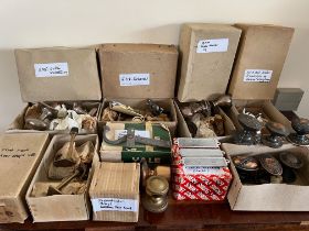 NINE VARIOUS BOXES OF KNOBS, HOOKS, CATCHES, ETC, AS PHOTO (OLD SHOP STOCK)