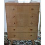 20th century Art Deco style light oak chest of five drawers. Approx. 112cm H x 76cm W x 48cm D