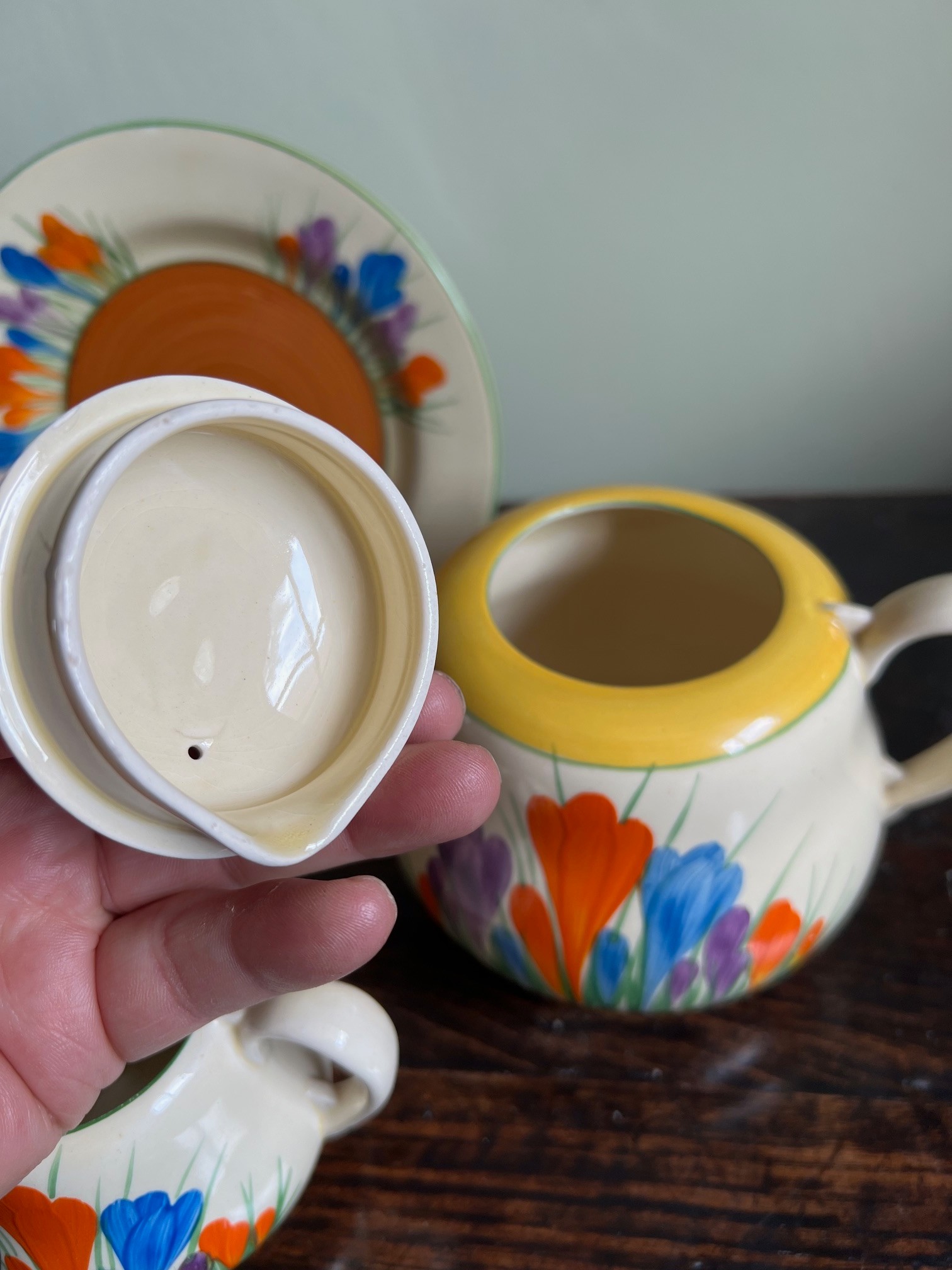 CLARICE CLIFF TEA POT, CREAMER, SIDE PLATE, CUP AND SAUCER, CROCUS PATTERN - Image 3 of 3
