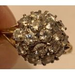 9ct GOLD RING SET WITH CLUSTER OF SEVENTEEN APPROX 0.1ct TOURMALINE, SIZE O, TOTAL WEIGHT APPROX 3.