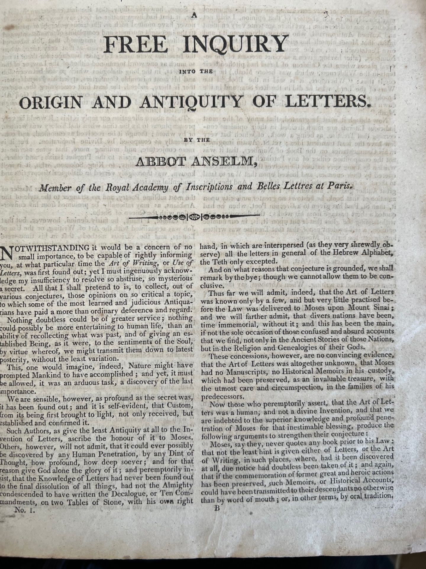 ABBOT ANSELM 'ORIGIN AND ANTIQUITY OF LETTERS', PENCIL INSCRIPTION, 1829 - Image 2 of 5