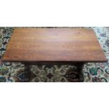 Small oak refectory style coffee table. Approx. 45cm H x 90cm W x 47cm D Reasonable used