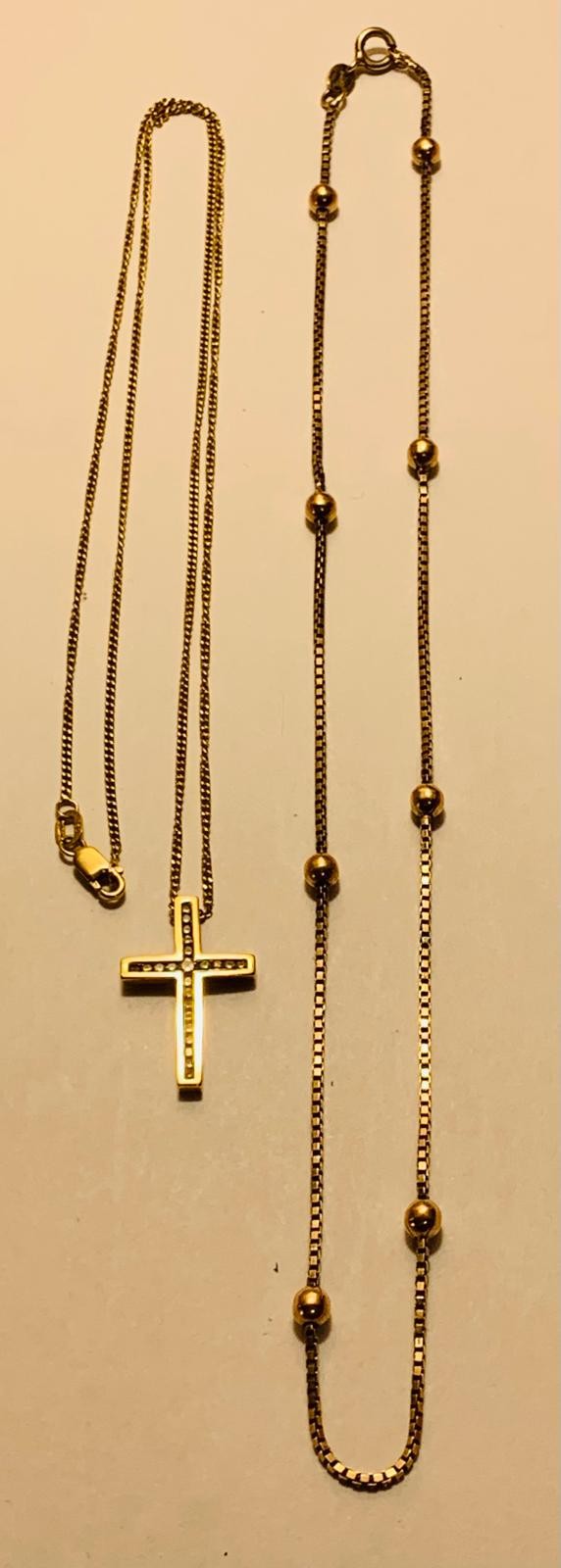 18ct GOLD CHAIN WITH GOLD COLOURED UNMARKED CROSS PENDANT SET WITH BRILLIANTS, CHAIN LENGTH APPROX