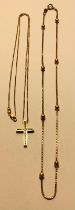 18ct GOLD CHAIN WITH GOLD COLOURED UNMARKED CROSS PENDANT SET WITH BRILLIANTS, CHAIN LENGTH APPROX