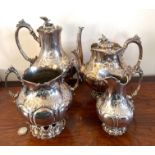 FOUR PIECE SILVER PLATED TEA SET ONE FINIAL DETACHED