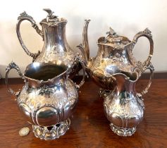 FOUR PIECE SILVER PLATED TEA SET ONE FINIAL DETACHED