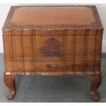 20th century small carved sewing box on cabriole supports. Approx. 39 x 45 x 30cms reasonable used