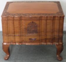 20th century small carved sewing box on cabriole supports. Approx. 39 x 45 x 30cms reasonable used