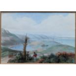 SMALL GILT FRAMED PRINT DEPICTING A COUNTRY HILL SCENE, APPROX 8 x 12cm reasonable used