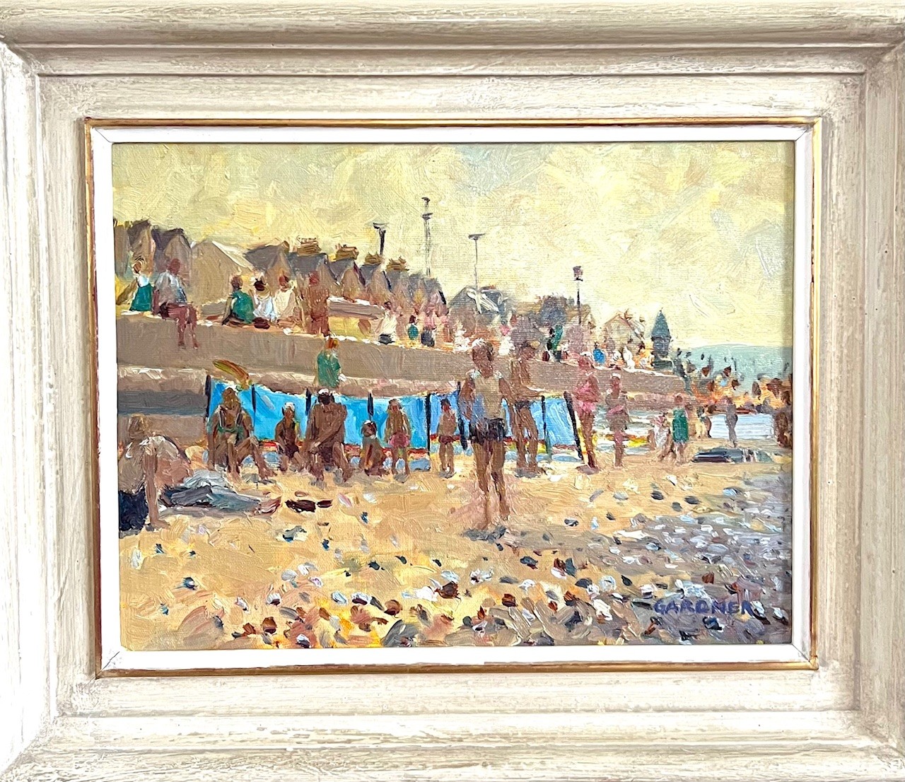 KEITH GARDNER RCA, OIL ON BOARD, 'RHYL BEACH, PROMENADE BUILDINGS AND BLUE WINDBREAKS', APPROX 22