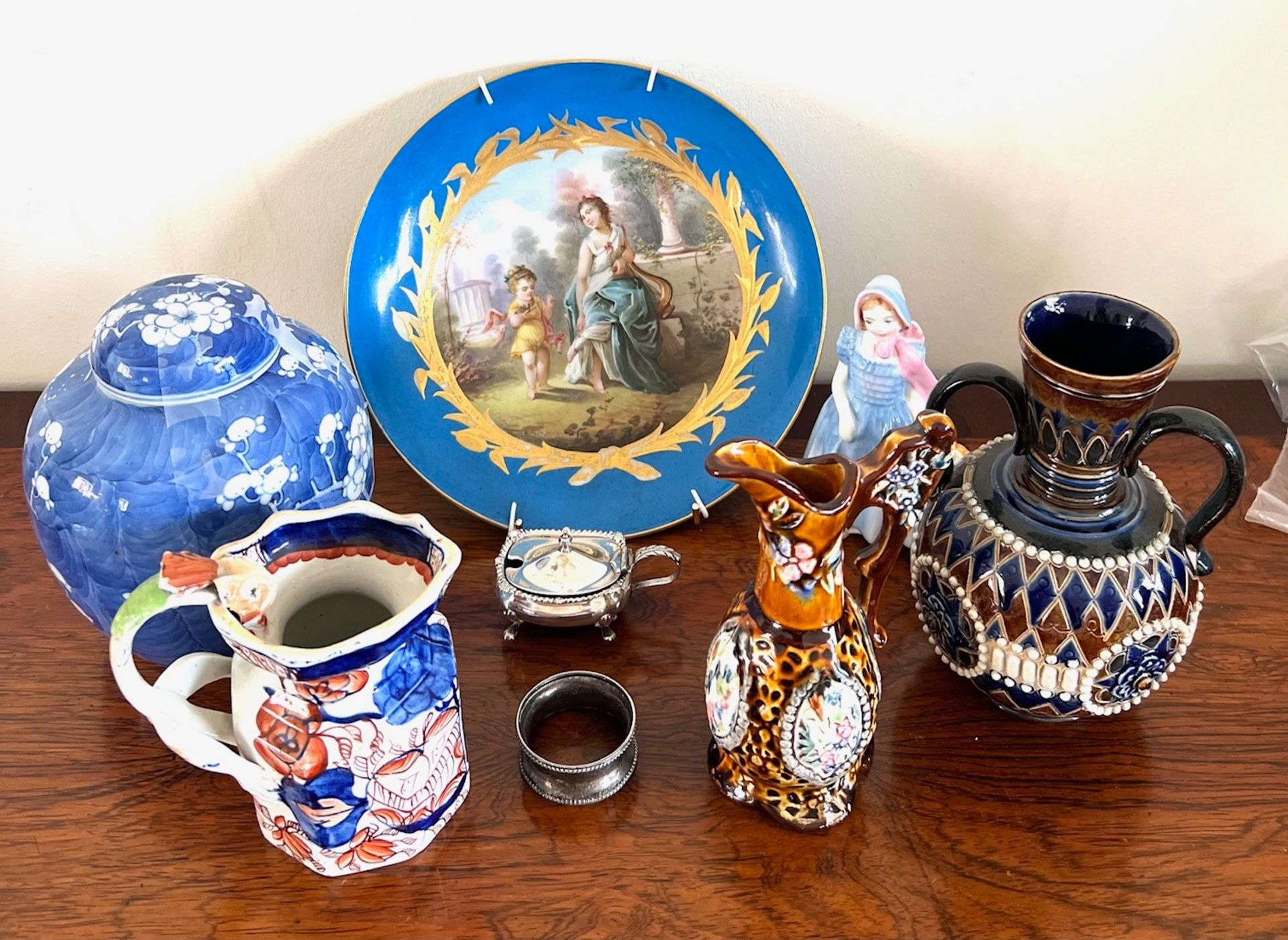 CONTINENTAL PLAQUE, DOULTON LAMBETH VASE AND SILVER NAPKIN RING, ETC, EIGHT PIECES DOULTON LAMBETH